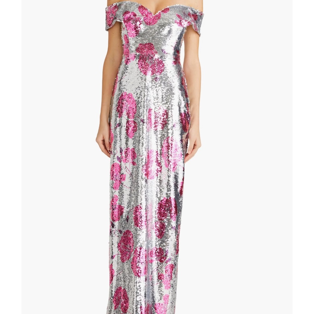 Monique Lhuillier Silver and Pink Sequin Dress